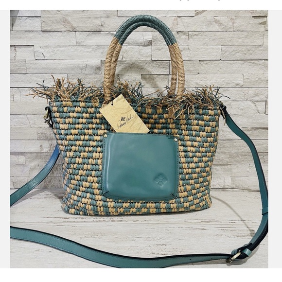 Patricia Nash Leather Turquoise Blue and Tan Straw Woven Tote - Picture 2 of 11